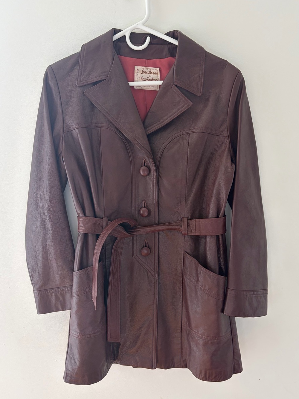 Vintage Leathers New England Sports Wear Maroon Trench Coat Womens 1970s Retro